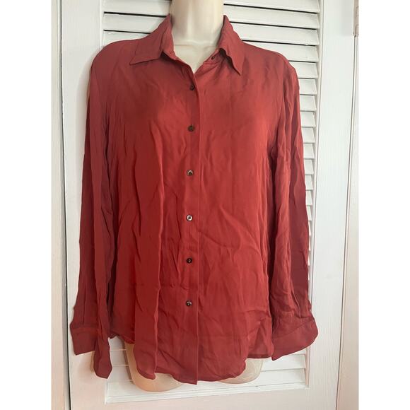 Alfani 100% silk button up‎ blouse 8 burnt orange Fall work classic dressing - Picture 1 of 4
